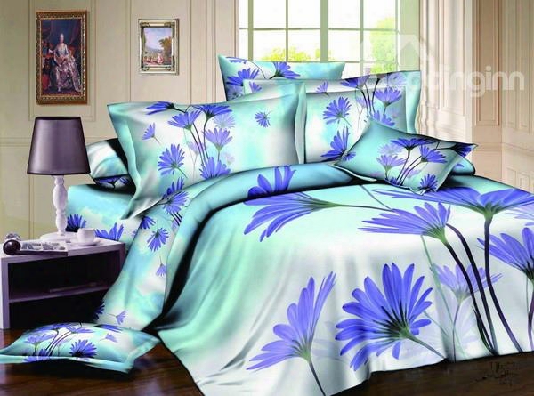 3d Purple Daisy Printed Cotton 4-piece Bedding Sets/duvet Covers