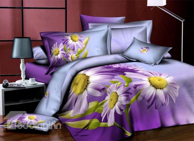 3d Purple Daisy Printed Elegant Cotton 4-piece Bedding Sets/duvet Shield