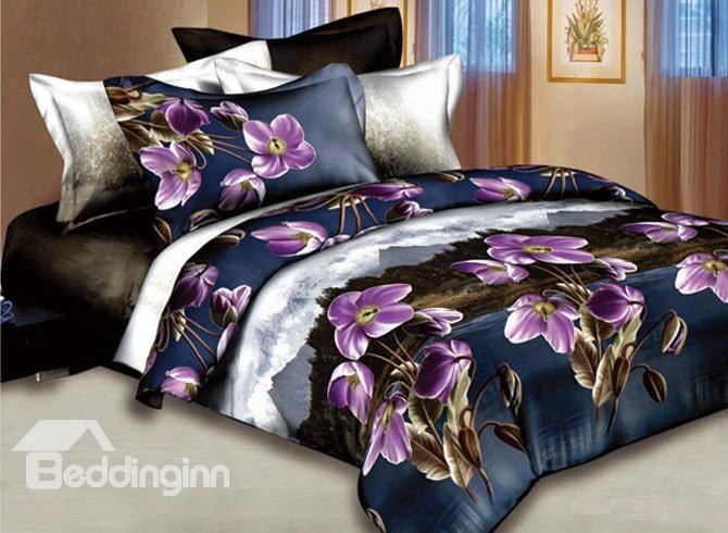 3d Purple Flower And Hillcrest Scenic Printed Cotton 4-piece Bedding Sets