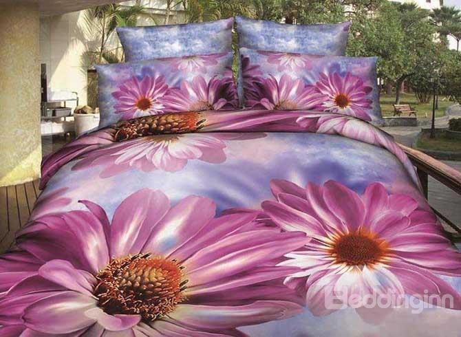 3d  Purple Painted Daisy Printed Cotton 4-piece Bedding Sets/duvet Covers