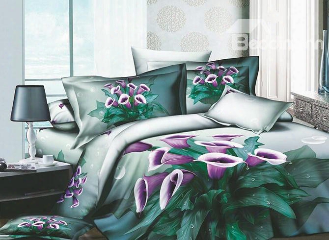 3d Purple Petunia Printed Cotton 4-piece Queen Size Bedding Sets/duvet Covers