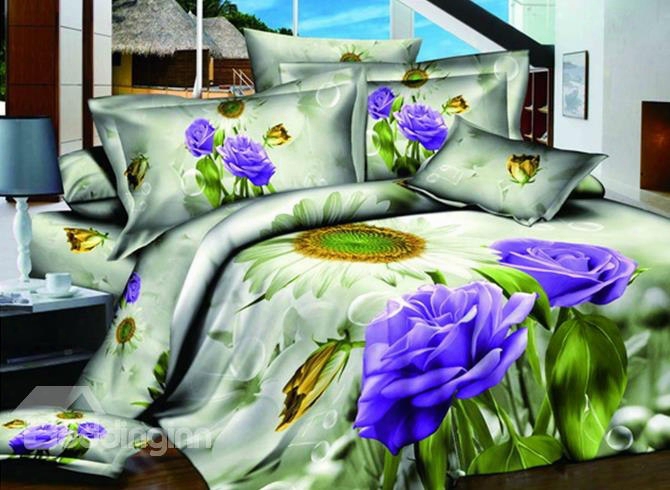 3d Purple Rose And Sunflower Printed Cotton 4-piece Bedding Sets/duvet Covers