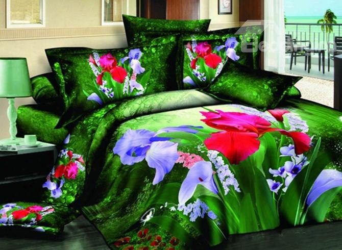 3d Red And Purple Iris Printed Cotton 4-piece Green Bedding Sets/duvet Covers