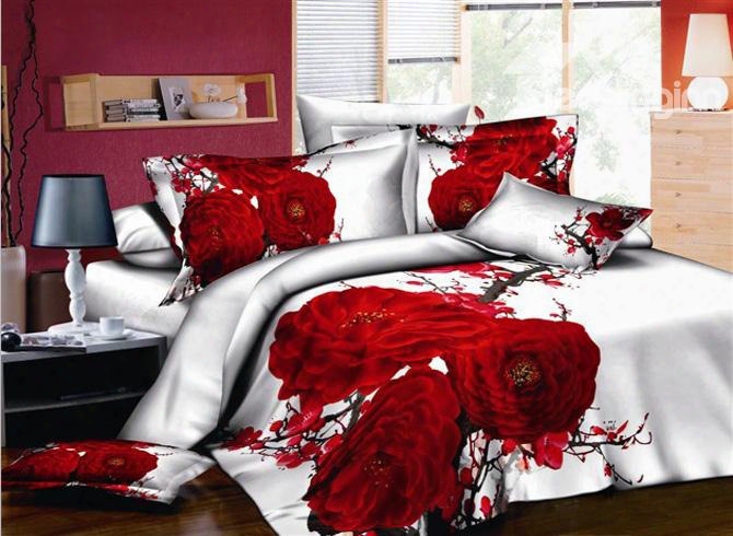 3d Red Blossoms Printed Cotton 4-piece White Bedding Sets/duvet Covers