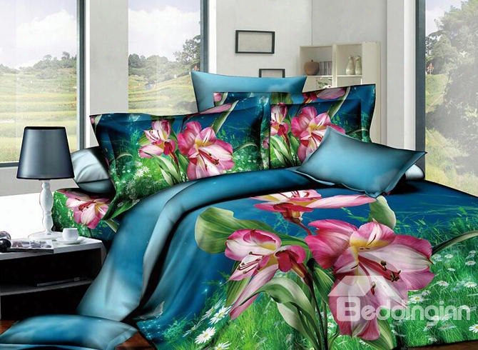 3d Red Kaffir Lily Printed Cotton 4-piece Bedding Sets/duvet Covers