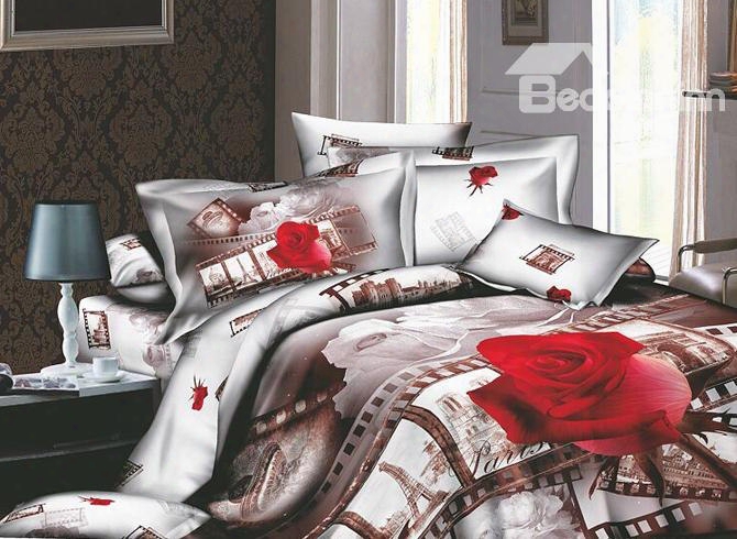3d Red Rose And Film Printed Retro Style Cotton 4-piece Green Bedding Sets