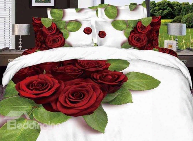 3d Red Rose And Green Leaves Printed Cotton 4-piece White Bedding Sets