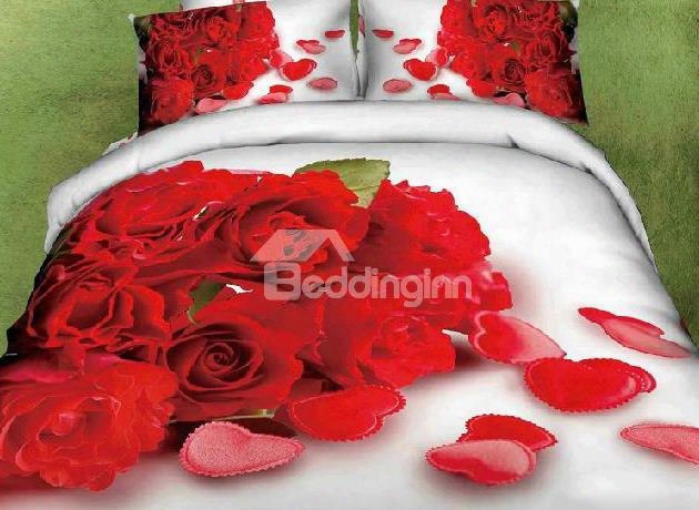 3d Red Rose And Heart Printed Cotton 4-piece White Bedding Sets/duvet Covers
