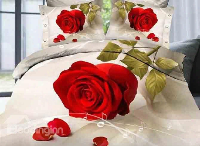 3d Red Rose And Music Notes Printed Polyester 4-piece Bedding Sets/duvet Covers