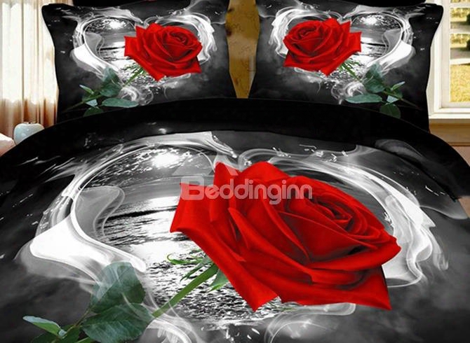 3d Red Rose In Heart Shape Printed Cotton 4-piece Black Bedding Sets