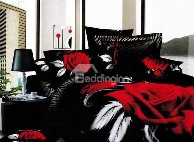 3d Red Rose Printed Cotton 4-piece Black Bedding Sets/duvet Cover Sets