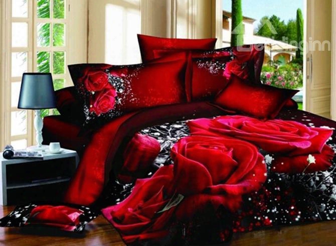 3d Red Rose Printed Cotton Luxury 4-piece Bedding Sets/duvet Covers