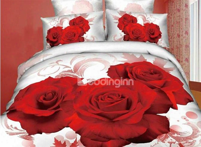 3d Red Rose Printed Luxury Style Cotton 4-piece White Bedding Sets/duvet Covers
