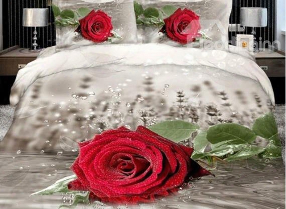 3d Red Rose With Dewdrops Printed Cotton 4-piece Bedding Sets/duvet Cover