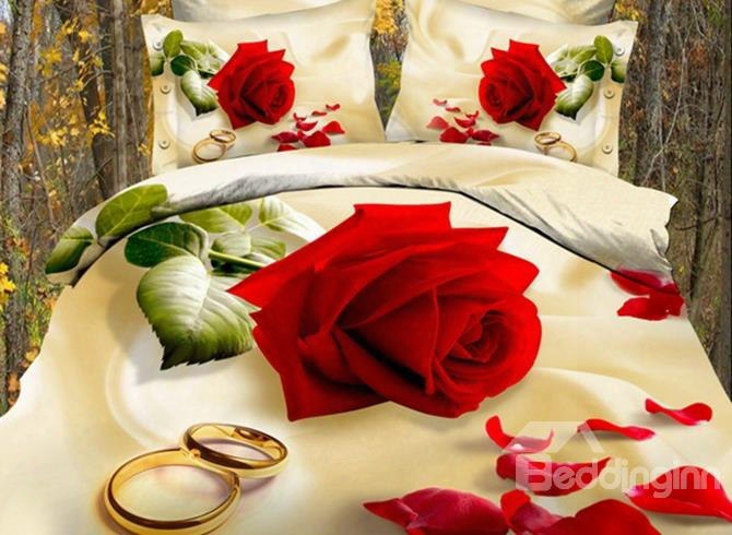 3d Red Rose With Golden Rings Printed Cotton  4-piece Bedding Sets