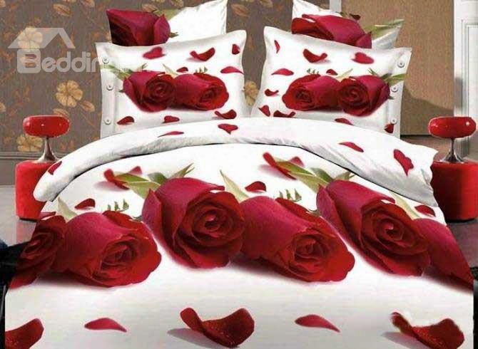 3d Red Roses And Scattered Petals Printed Cotton 4-piece White Bedding Sets