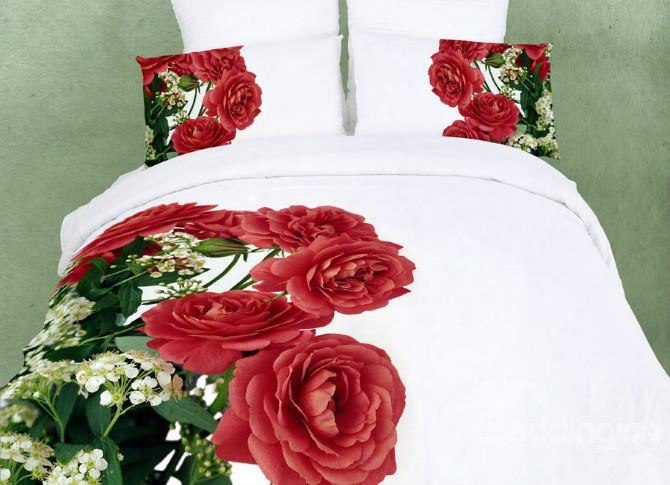 3d Red Roses Printed Cotton 4-piece White Bedding Sets/duvet Covers