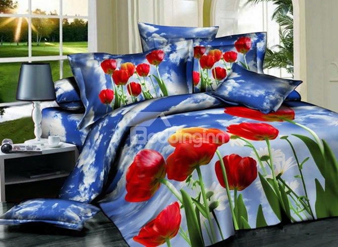 3d Red Tulips And Blue Sky Printed Cotton 4-piec E Beddibg Sets/duvet Covers
