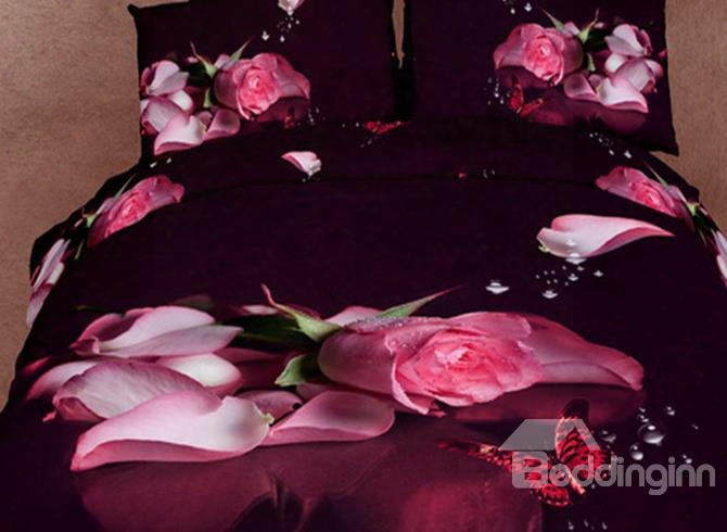 3d Rose And Butterfly Rero Style Cotton 4-piece Bedding Sets/duvet Covers