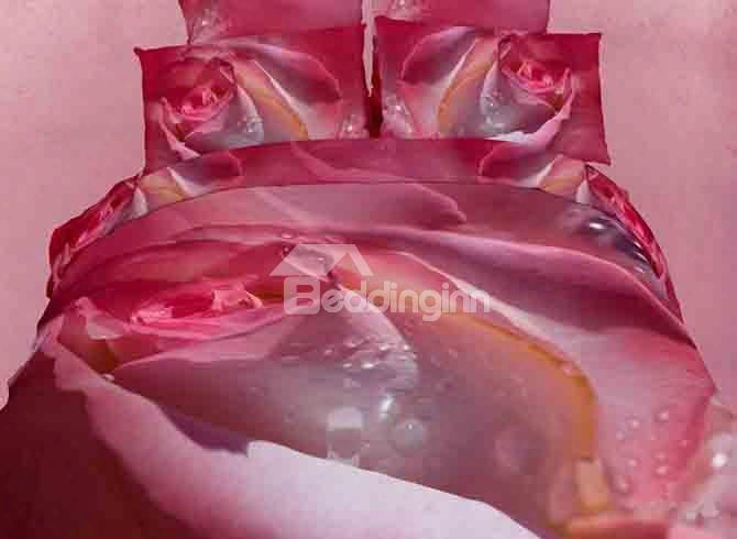 3d Rose And Dewdrop Printed Cotton 4-piece Gradient Bedding Sets/duvet Covers