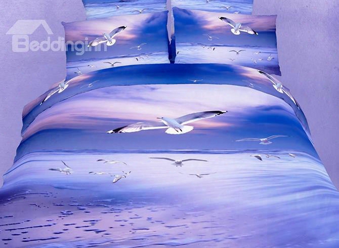 3d Seagulls Flying In The Sky Printed Cotton 4-piece Bedding Sets/duvet Covers