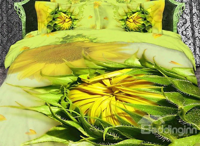 3d Sunflowers Printed Cotton 4-piece Yellow Bedding Sets/duvet Cover Sets