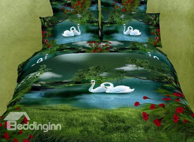 3d Swan Lake Printed Cotton 4-piece Green Bedding Sets/duvet Covers