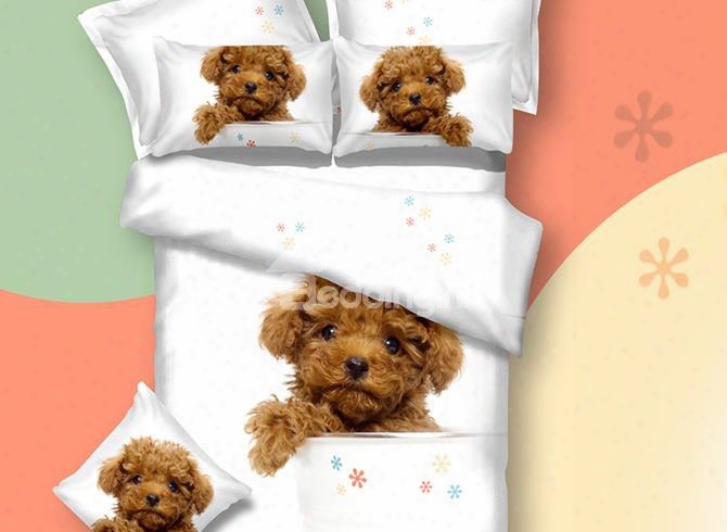 3d Teddy Dog Printed Cotton 4-piece White Bedding Sets/duvet Covers