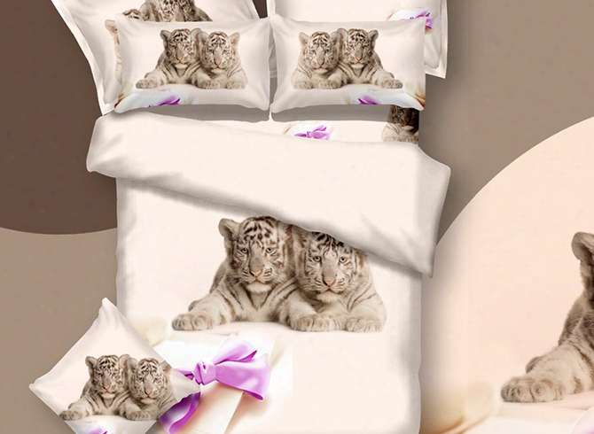 3d Tiger Cub And Bow Knot Printed Cotton 4-piece Bedding Sets/duvet Covers