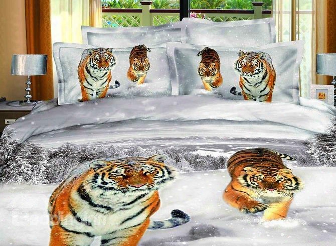 3d Tigr In Snow Printed Cotton 4-piece Bedding Sets/duvet Covers