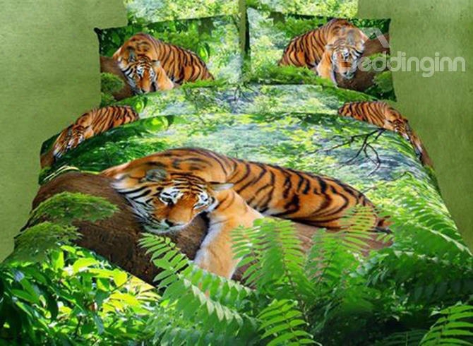 3d Tiger On A Tree Printed Cotton 4-piece Bedding Sets/duvet Covers