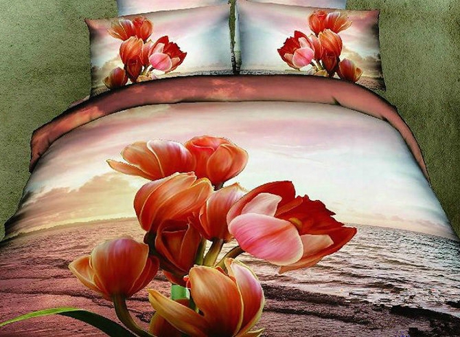 3d Tulips And Seascape Printed Cotton 4-piece Bedding Sets/duvet Covers