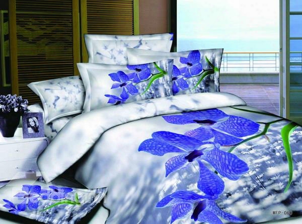 3d Violet Flower Printed Cotton 4-piece Bedding Sets/duvet Covers