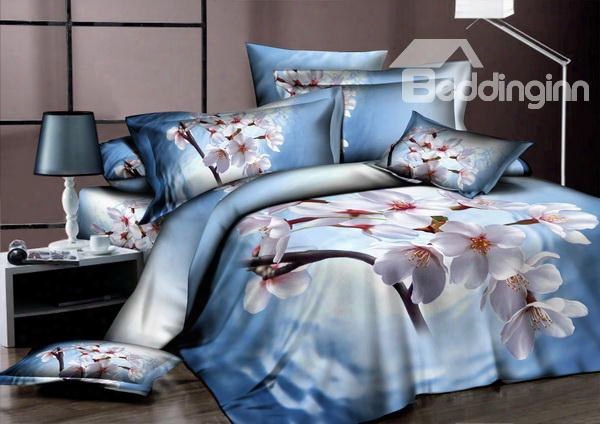 3d Weeping Cherry Printed Cotton 4-piece Light Blue Bedding Sets/duvet Covers