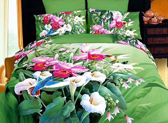 3 D White And Purple Trumpet Lily Printed Cotton 4-piece Green Bedding Sets/duvet Covers