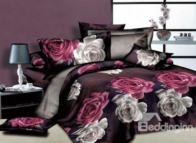 3d White And Red Flowers Printed Cotton 4-piece Bedding Sets/duvet Cover