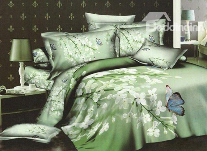 3d White Blooms And Butterfly Green Cotton 4-piece Bedding Sets/duvet Covers