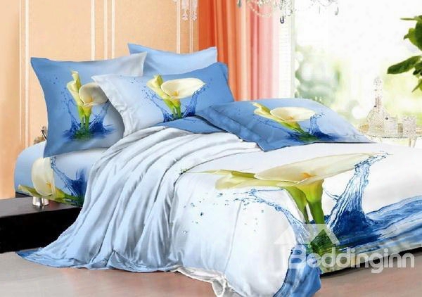 3d White Calla Lily In Water Printed Cotton 4-piece Bedding Sets/duvet Covers