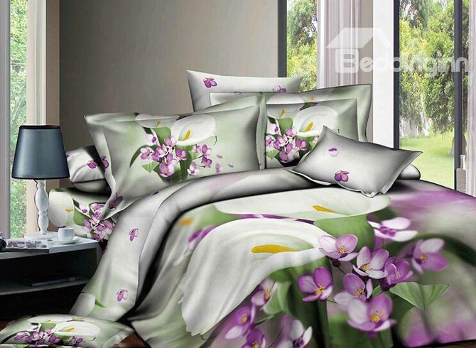 3d White Calla Lily Printed Cotton 4-piece Brdding Sets/duvet Covers