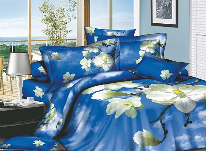 3d White Magnolia And Blue Sky Printed Cotton 4-piece Bedding Sets/d Uvet Covers