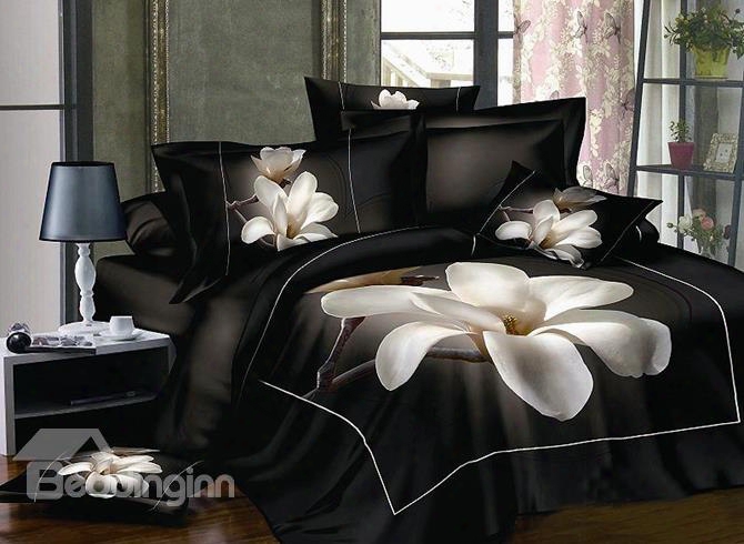 3d White Magnolia Printed Cotton 4-piece Bedding Sets