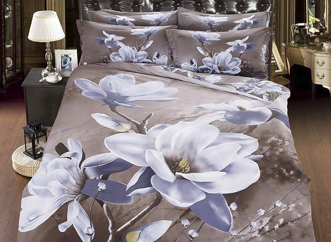 3d White Magnolia Printed Cotton 4-piece Bedding Sets/duvet Cover