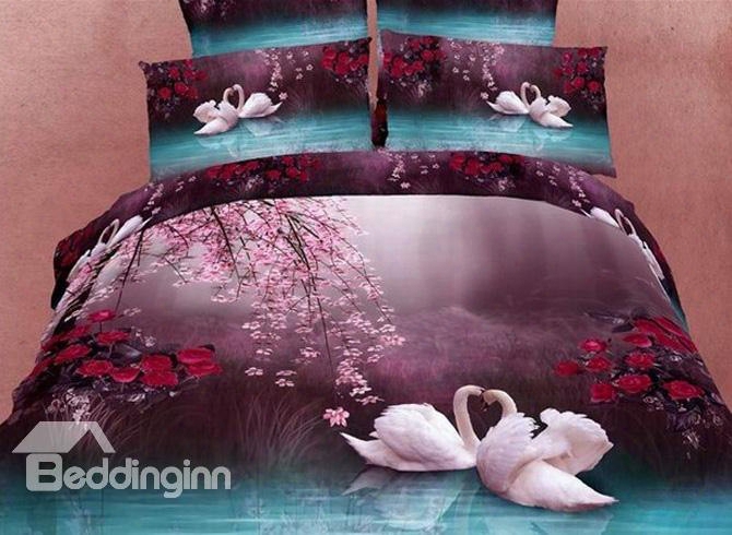 3d White Swans And Flower Printed Cotton 4-piece Bedding Sets/duvet Covers