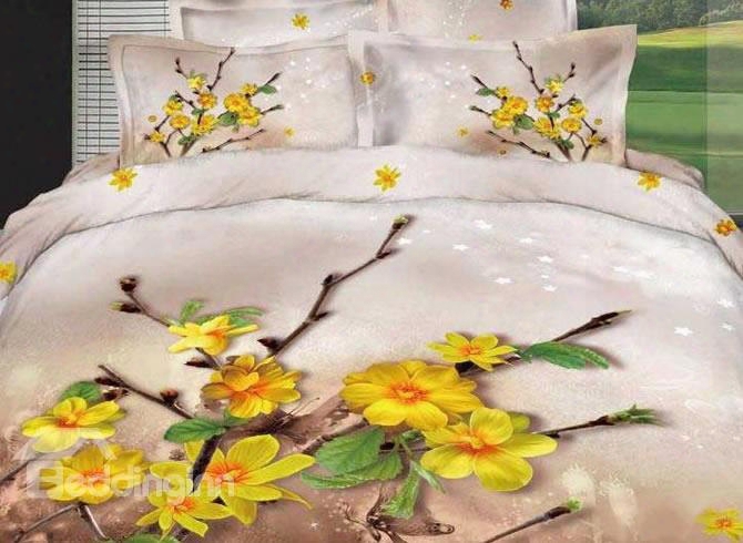 3d Yellow Pear Blossom And Branches Printed Cotton 4-piece Bedding Sets