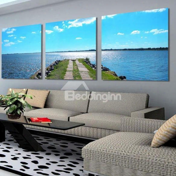 Beautiful Blue Sea And Beach Road Print 3-piece Cross Film Wall Art Prints