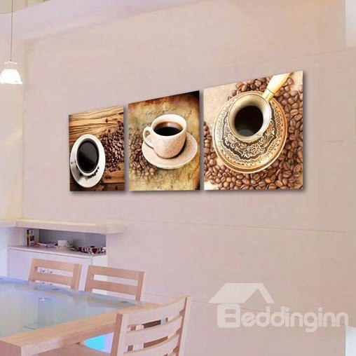 Beautiful Coffee Cup Sets And Coffee Beans Prnt 3-piece Cross Film Wall Art Prints