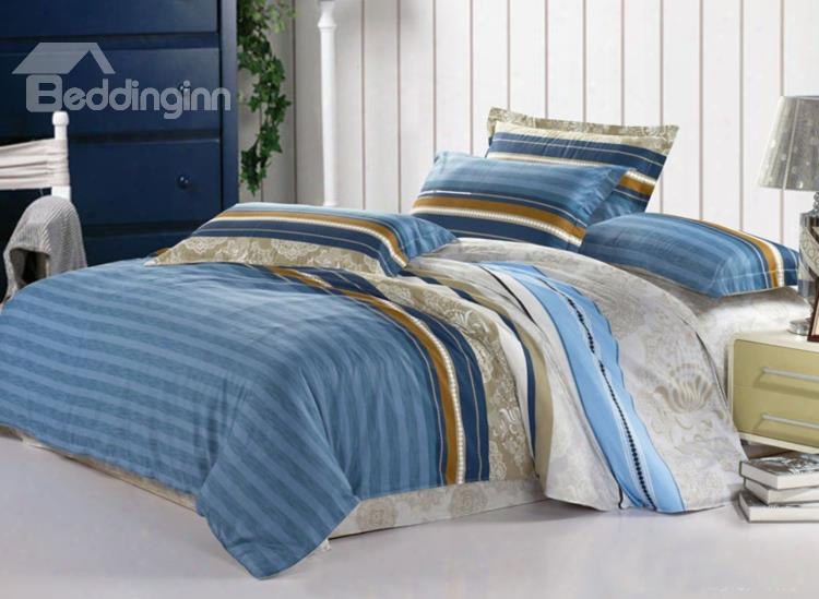 Blue Stripe Elegant Style Cotton 4-piece Bedding Sets/duvet Cover