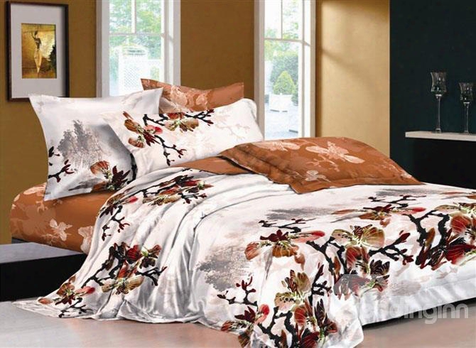 Chinese Ink And Wash Printed Brown 4-piece Cotton Bedding Sets