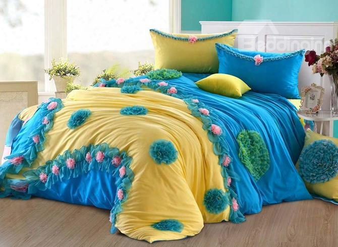 Cinderella Princess Sytle Flowers And Laceedged Cotton 6-piece Bedding Sets/duve T Cover