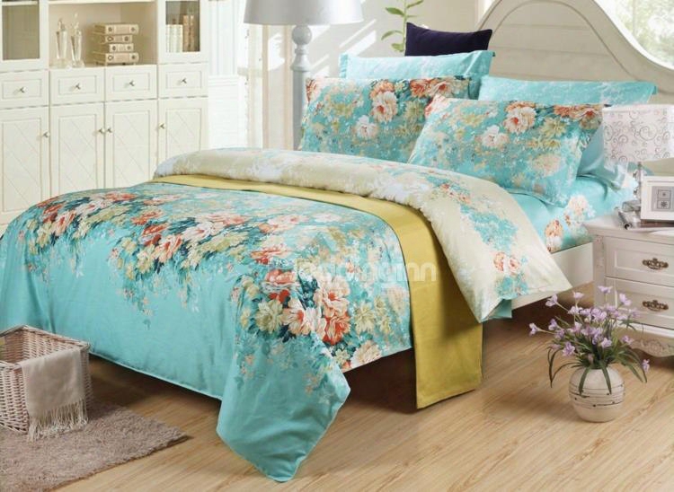 Colorful Blooming Flowers Retro Style Blue 4-piece Bedding Sets/duvet Cover